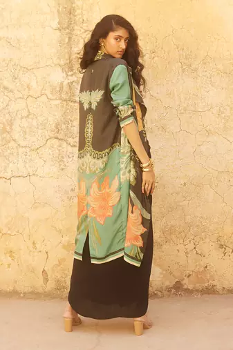 Black jacket and blouse habutai printed floral flower skirt set