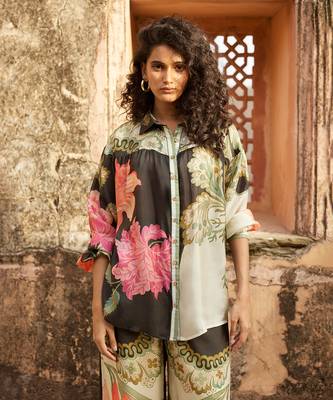 Black pure habutai silk floral printed co-ord set 1