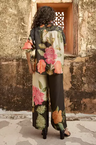 Black pure habutai silk floral printed co-ord set