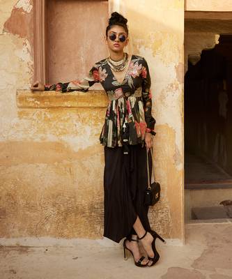 Black top habutai printed floral peplum and skirt set 1