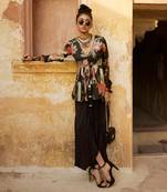 Black top habutai printed floral peplum and skirt set