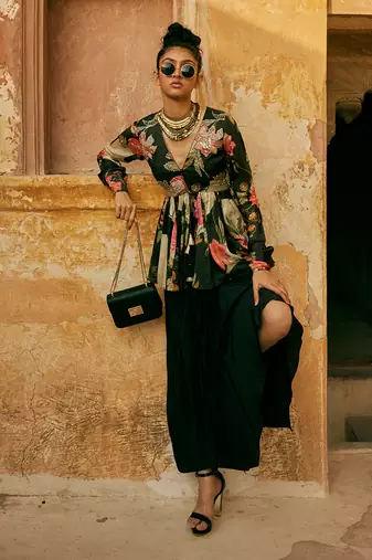 Black top habutai printed floral peplum and skirt set