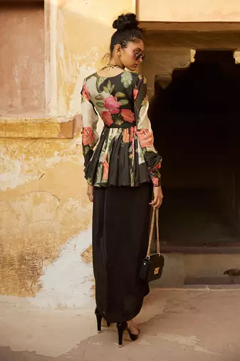 Black top habutai printed floral peplum and skirt set