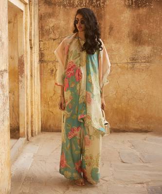 Ivory & ice blue habutai floral printed co-ord set 1