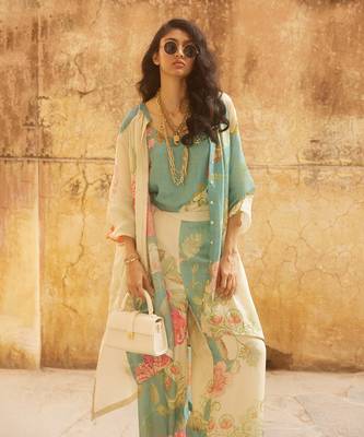 Ivory & ice blue habutai floral printed co-ord set 2