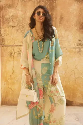 Ivory & ice blue habutai floral printed co-ord set