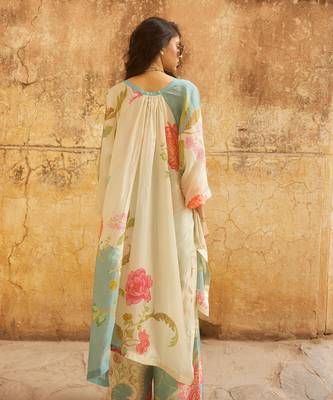 Ivory & ice blue habutai floral printed co-ord set 3
