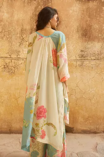Ivory & ice blue habutai floral printed co-ord set