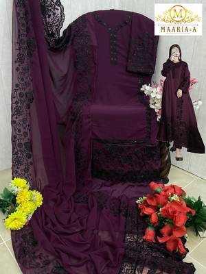 Wine embroidered faux georgette semi stitched salwar suit 1