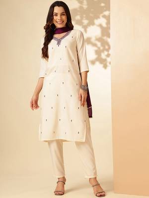 Off White Rayon Slub Fabric Embroidered work Straight Cut Kurta Pant and Dupatta Set 1