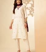 Off White Rayon Slub Fabric Embroidered work Straight Cut Kurta Pant and Dupatta Set