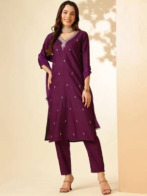 Wine Rayon Slub Fabric Embroidered work Straight Cut Kurta Pant and Dupatta Set 1