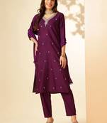 Wine Rayon Slub Fabric Embroidered work Straight Cut Kurta Pant and Dupatta Set