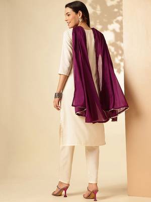 Off White Rayon Slub Fabric Embroidered work Straight Cut Kurta Pant and Dupatta Set 2