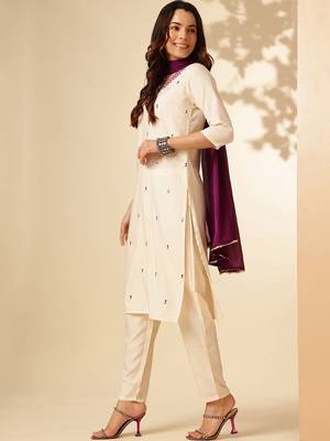 Off White Rayon Slub Fabric Embroidered work Straight Cut Kurta Pant and Dupatta Set 3