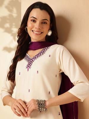 Off White Rayon Slub Fabric Embroidered work Straight Cut Kurta Pant and Dupatta Set 4