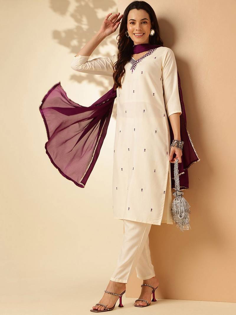 Off White Rayon Slub Fabric Embroidered work Straight Cut Kurta Pant and Dupatta Set