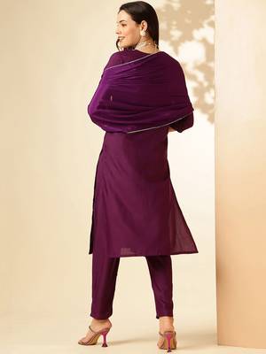 Wine Rayon Slub Fabric Embroidered work Straight Cut Kurta Pant and Dupatta Set 2