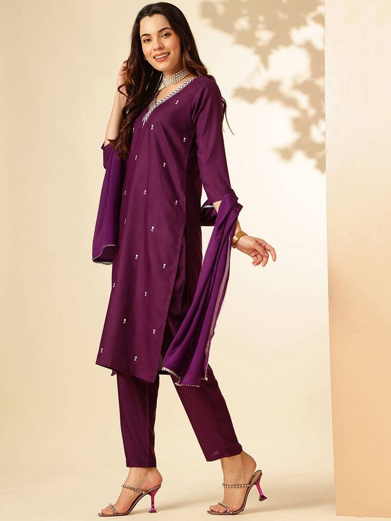 Wine Rayon Slub Fabric Embroidered work Straight Cut Kurta Pant and Dupatta Set