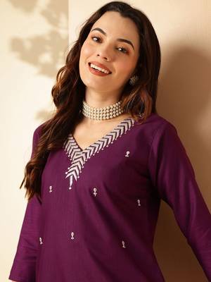 Wine Rayon Slub Fabric Embroidered work Straight Cut Kurta Pant and Dupatta Set 4