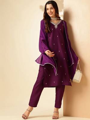 Wine Rayon Slub Fabric Embroidered work Straight Cut Kurta Pant and Dupatta Set 5