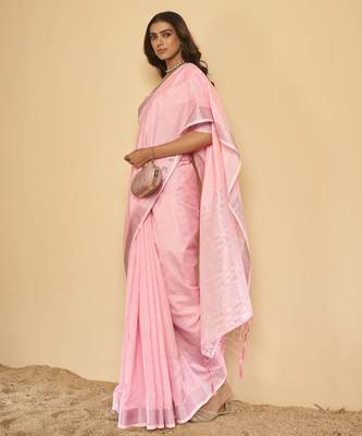 Light pink plain linen saree with blouse 6