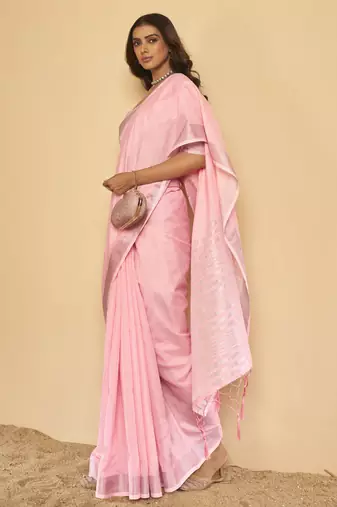 Light pink plain linen saree with blouse