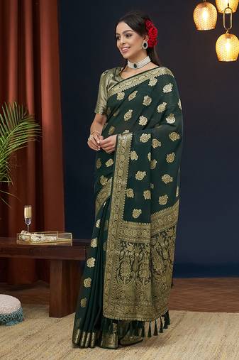 Green Zari Weaving Work Georgette Saree