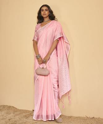 Light pink plain linen saree with blouse 7