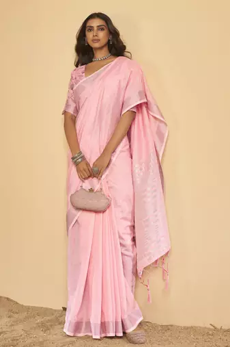 Light pink plain linen saree with blouse