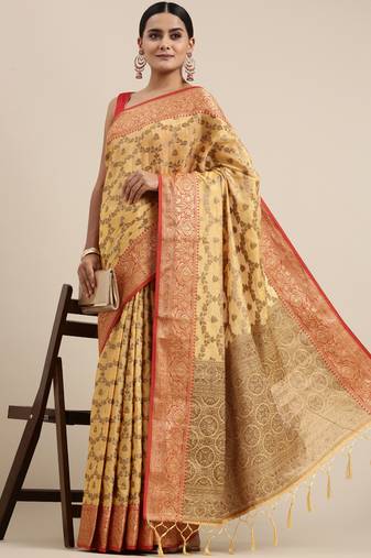 Yellow Zari Woven Design Faux Banarasi Pure Cotton Saree