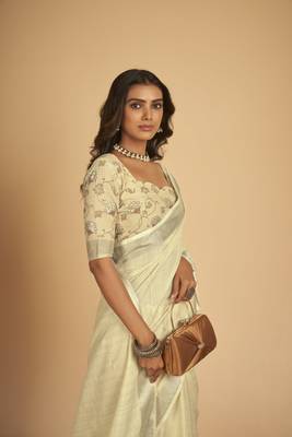 Cream plain linen saree with blouse 7