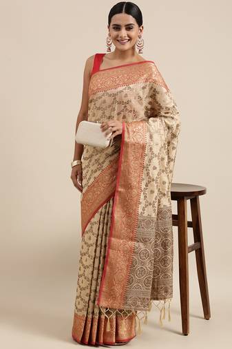 Beige Zari Woven Design Faux Banarasi Pure Cotton Saree