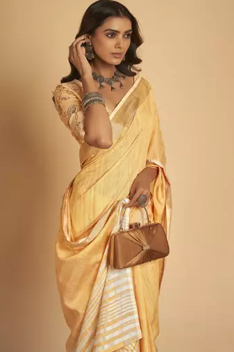Orange plain linen saree with blouse
