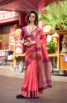 Peach Designer Weaving silk blend Saree With Blouse 1