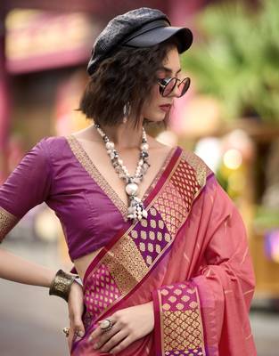 Peach Designer Weaving silk blend Saree With Blouse 2