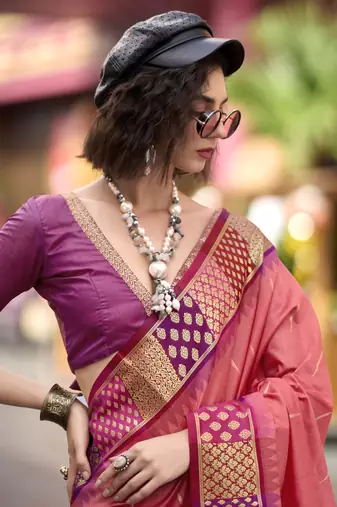 Peach Designer Weaving silk blend Saree With Blouse