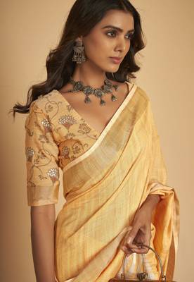 Orange plain linen saree with blouse 7