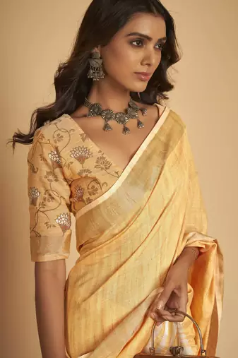 Orange plain linen saree with blouse