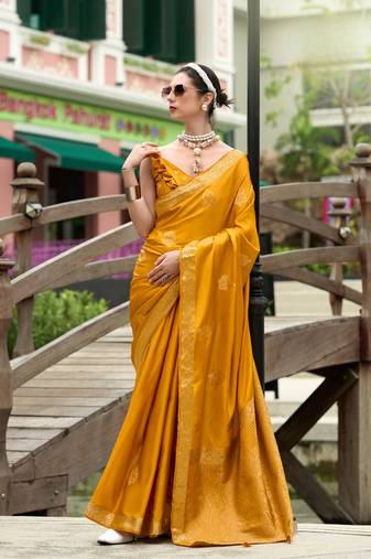 Yellow Designer Weaving Pure Satin Saree With Blouse