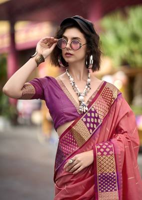 Peach Designer Weaving silk blend Saree With Blouse 3