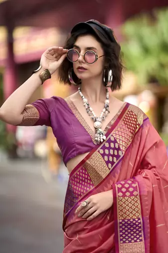 Peach Designer Weaving silk blend Saree With Blouse