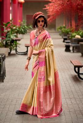 Cream Designer Weaving silk blend Saree With Blouse 1