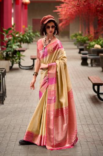 Cream Designer Weaving Silk Blend Saree With Blouse