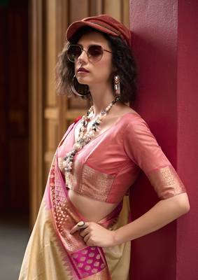 Cream Designer Weaving silk blend Saree With Blouse 3