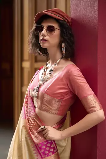 Cream Designer Weaving silk blend Saree With Blouse