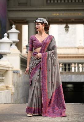 Grey Designer Weaving Soft Linen Saree With Blouse 1