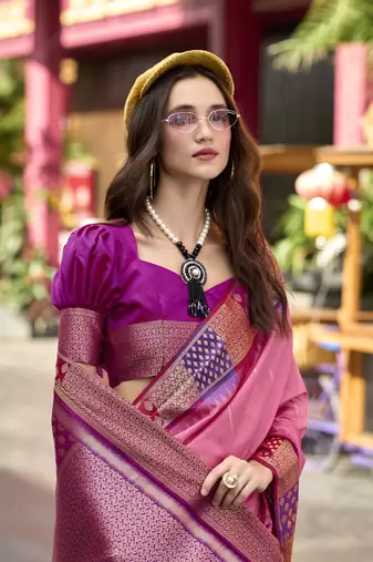 Pink Designer Weaving silk blend Saree With Blouse