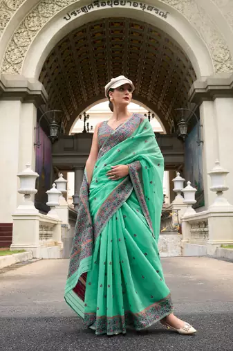 Green Designer Weaving Soft Linen Saree With Blouse