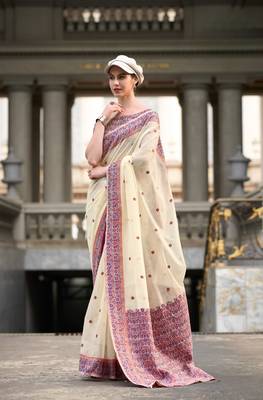 White Designer Weaving Soft Linen Saree With Blouse 1
